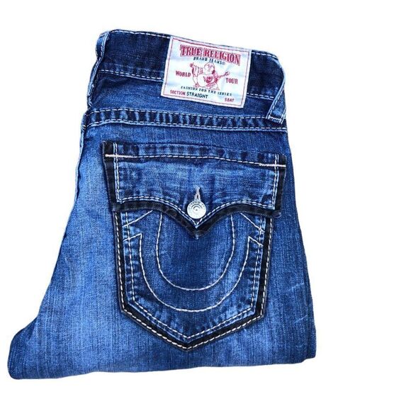 RARE True Religion Jeans Size 32 STRAIGHT Outline Big T Blue - Picture 7 of 8